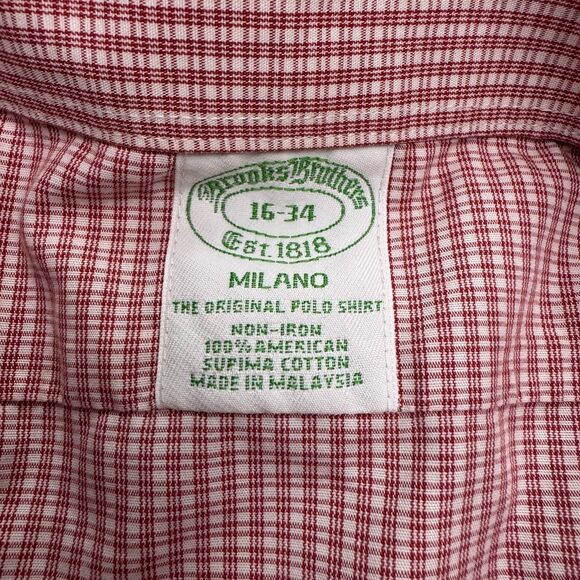 Brooks Brothers Milano Slim Fit Non Iron Dress Shirt Mens 16 34 Red Check Cotton - Picture 8 of 14